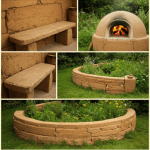 cob bench, cob oven, cob garden walls